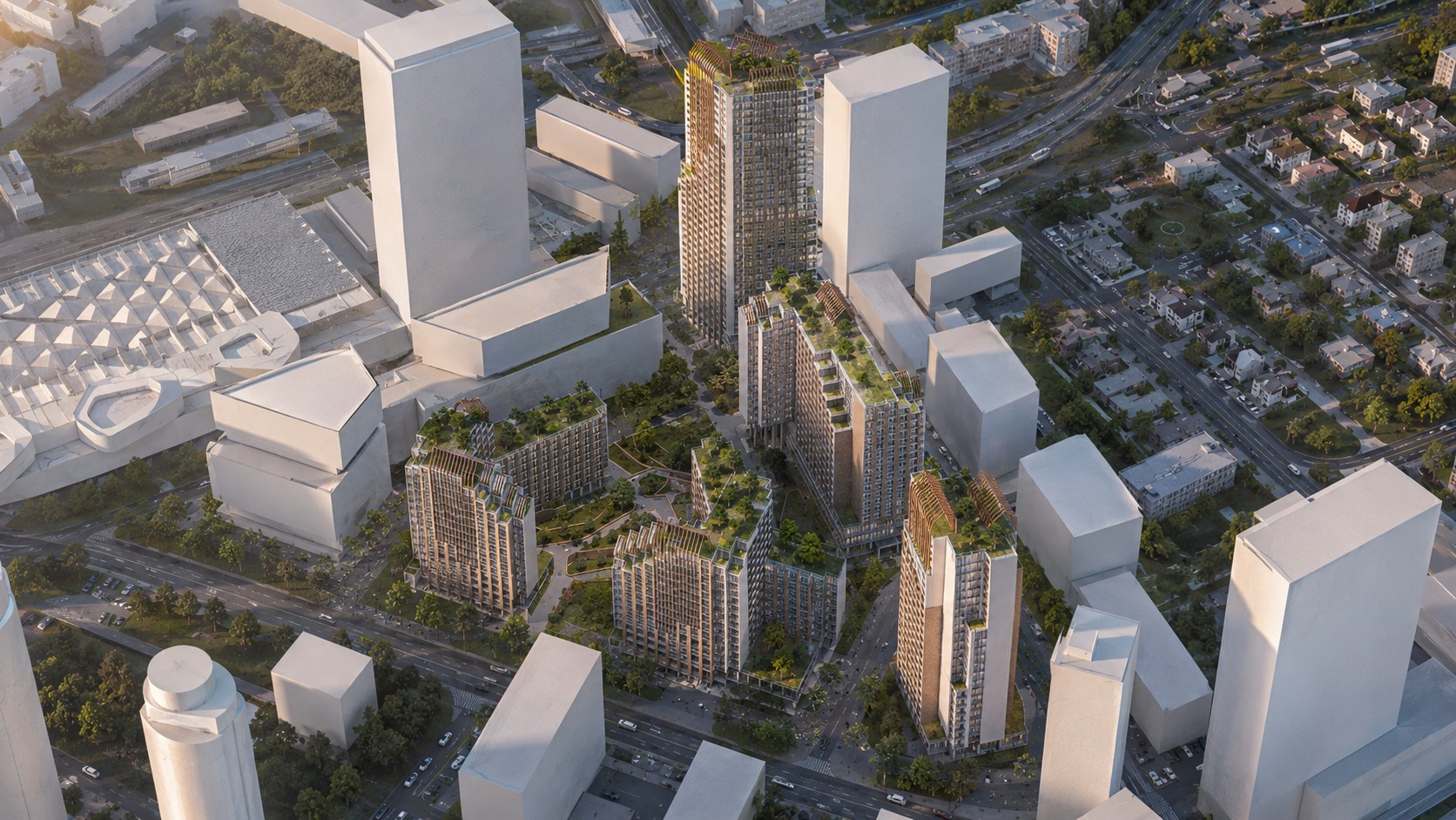 Aerial view — stepped terraces and landscaped courts