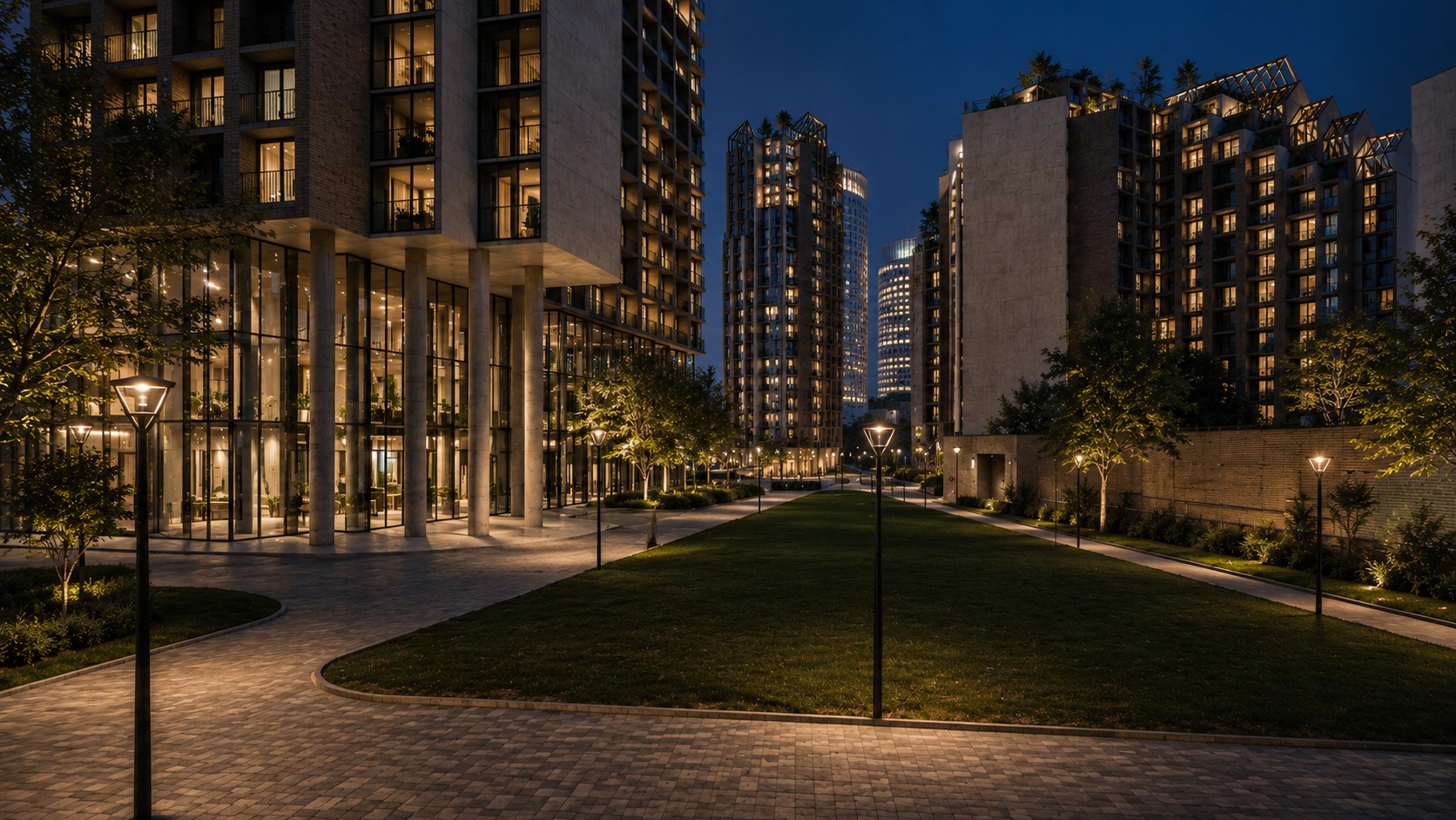 Night view — the towers illuminated across the courtyard
