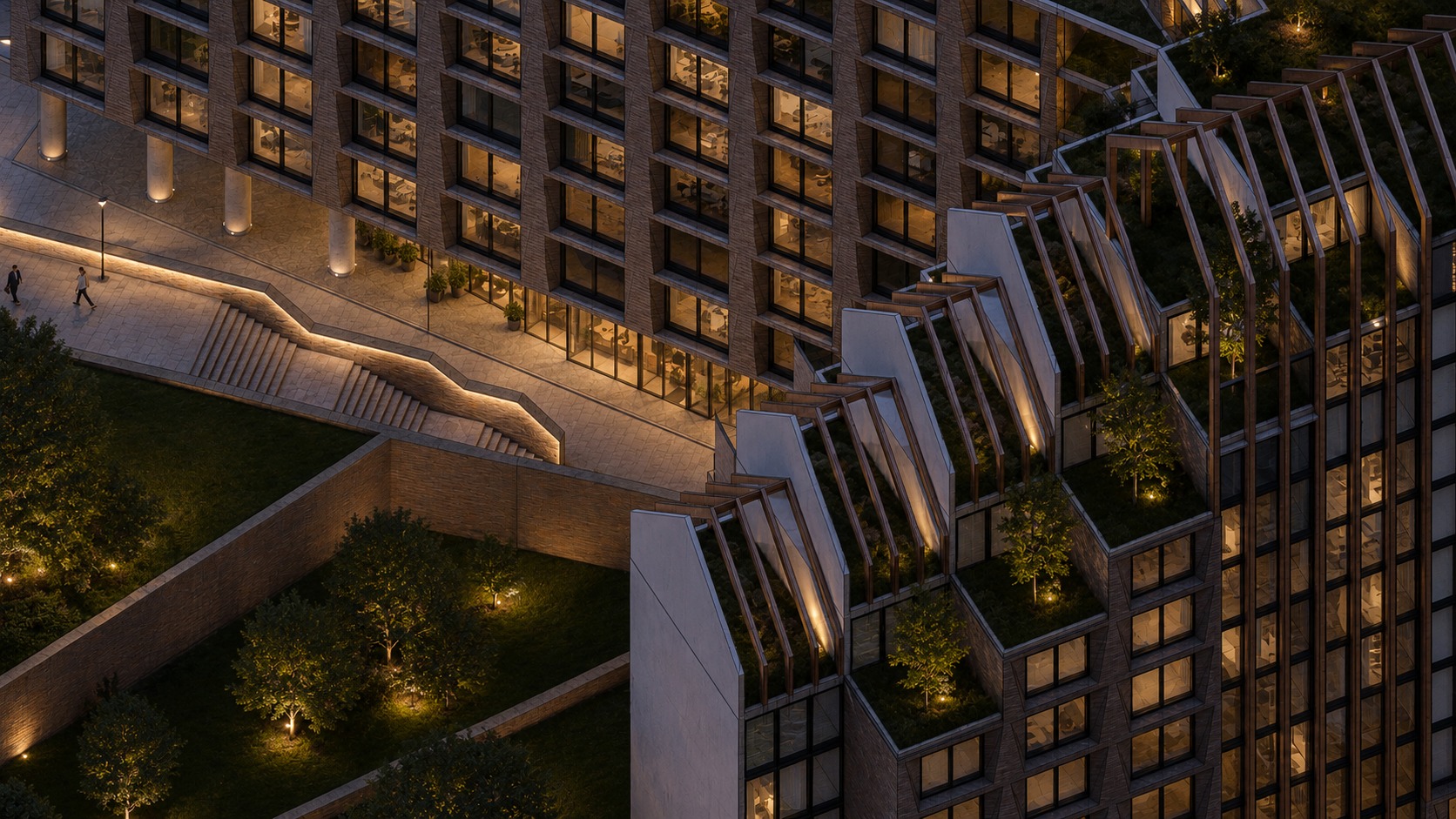 Aerial close-up at dusk — stepped rooftop terraces and gardens