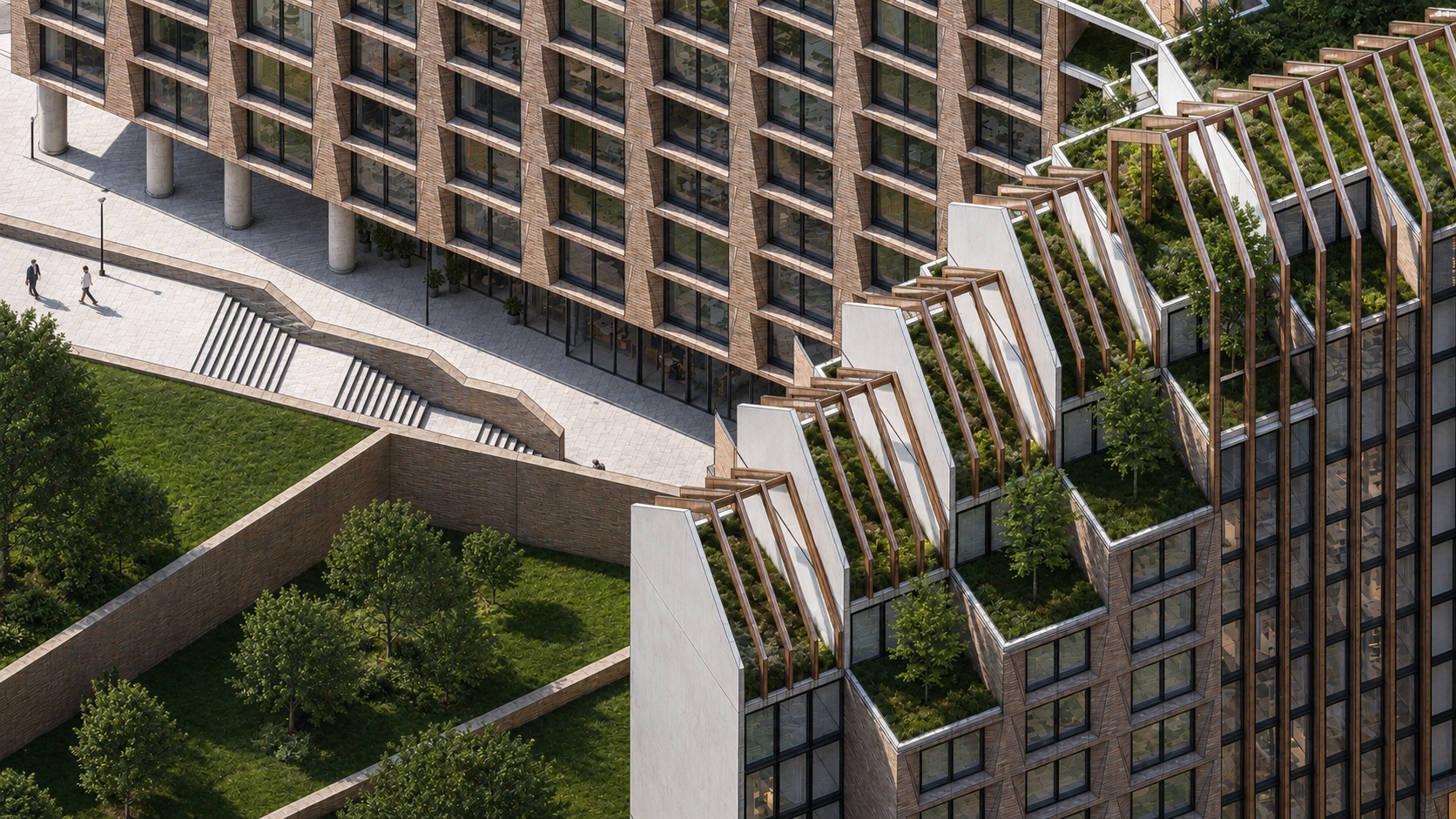 Aerial close-up by day — the brick facade grid and roof gardens