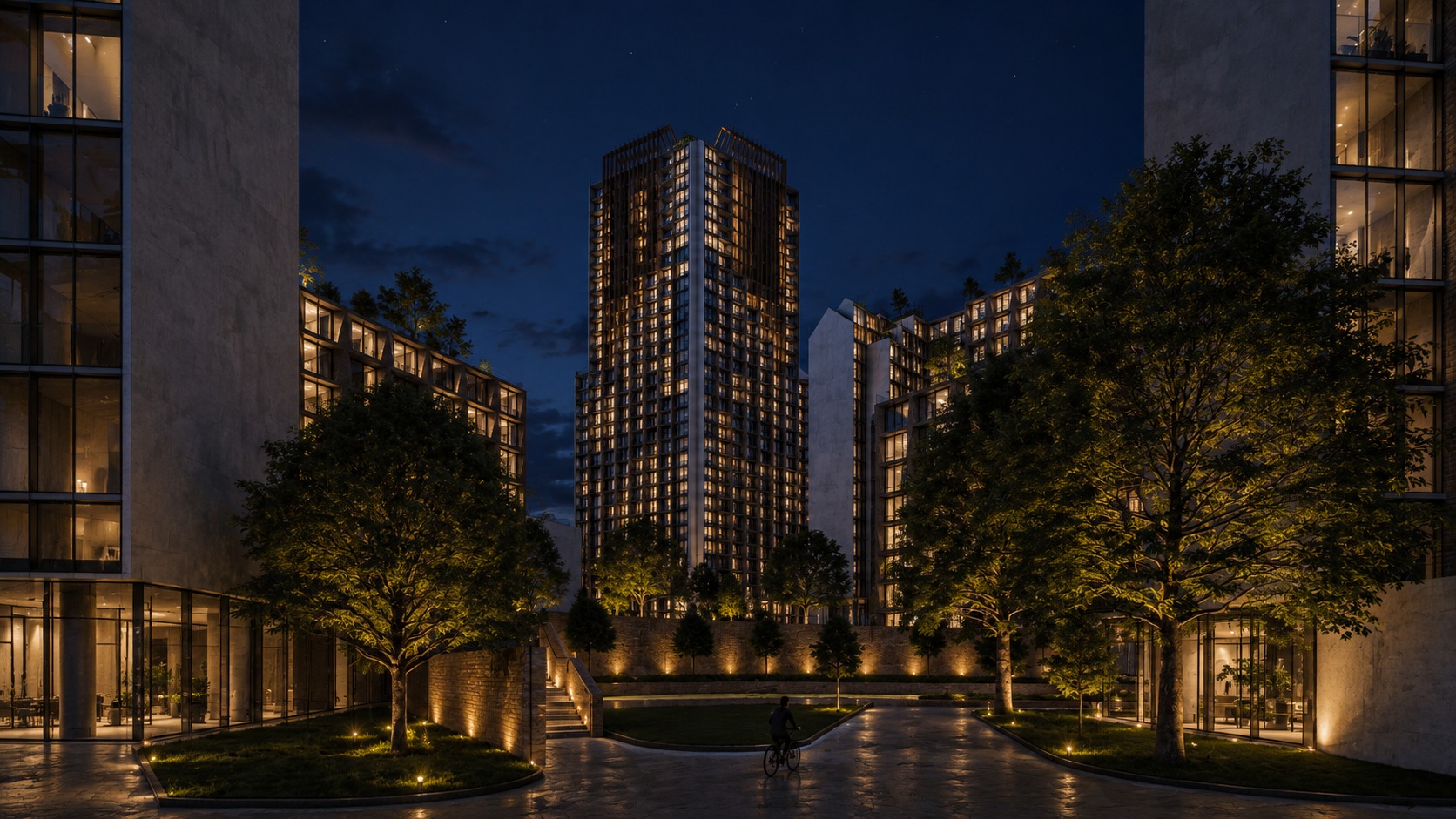 Night — the tallest tower rising above the courtyard