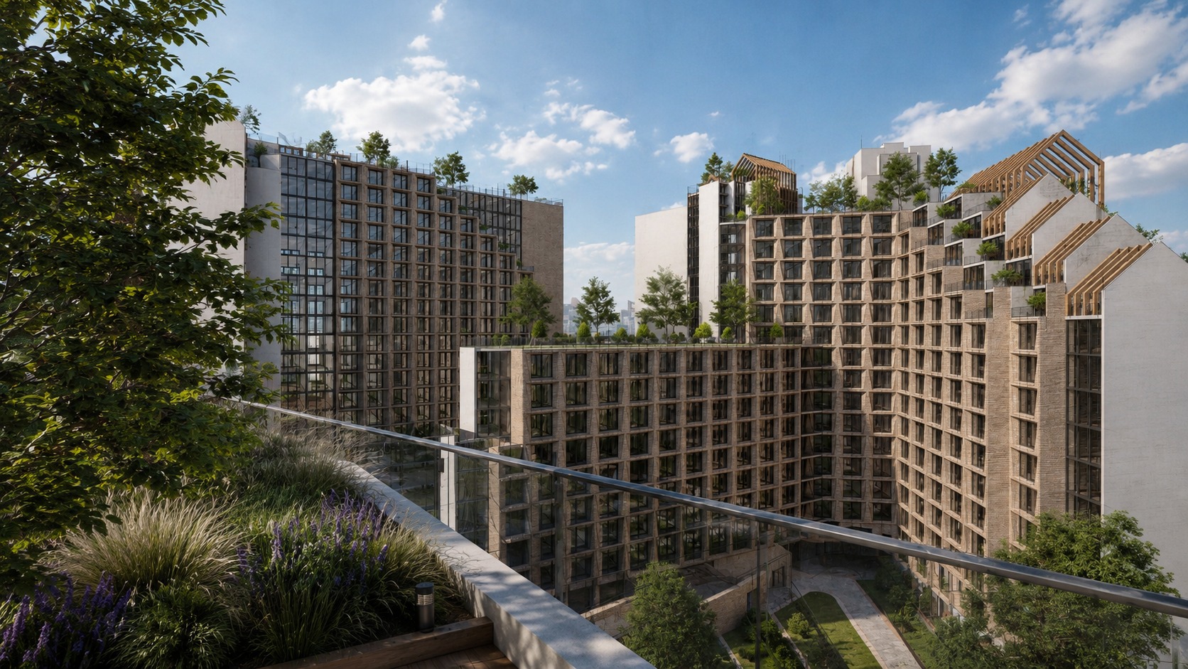 Rooftop terrace — elevated view across the stepped massing