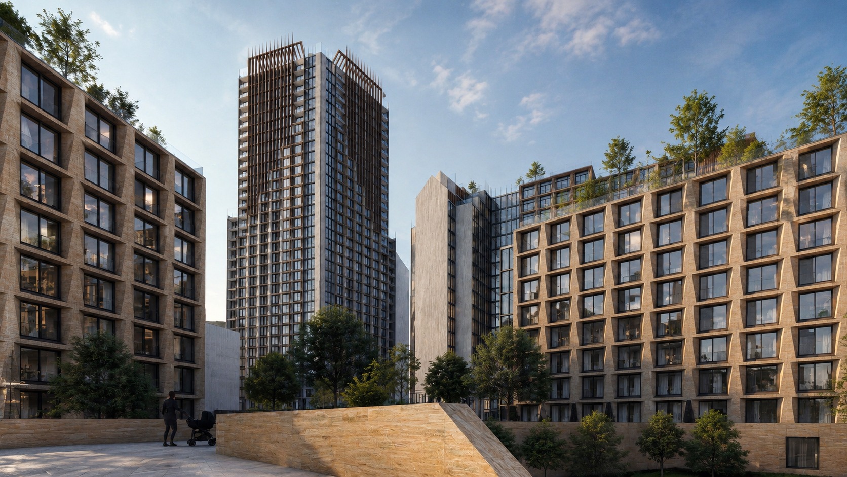 Ground level — the residential tower's timber roof crown above the podium