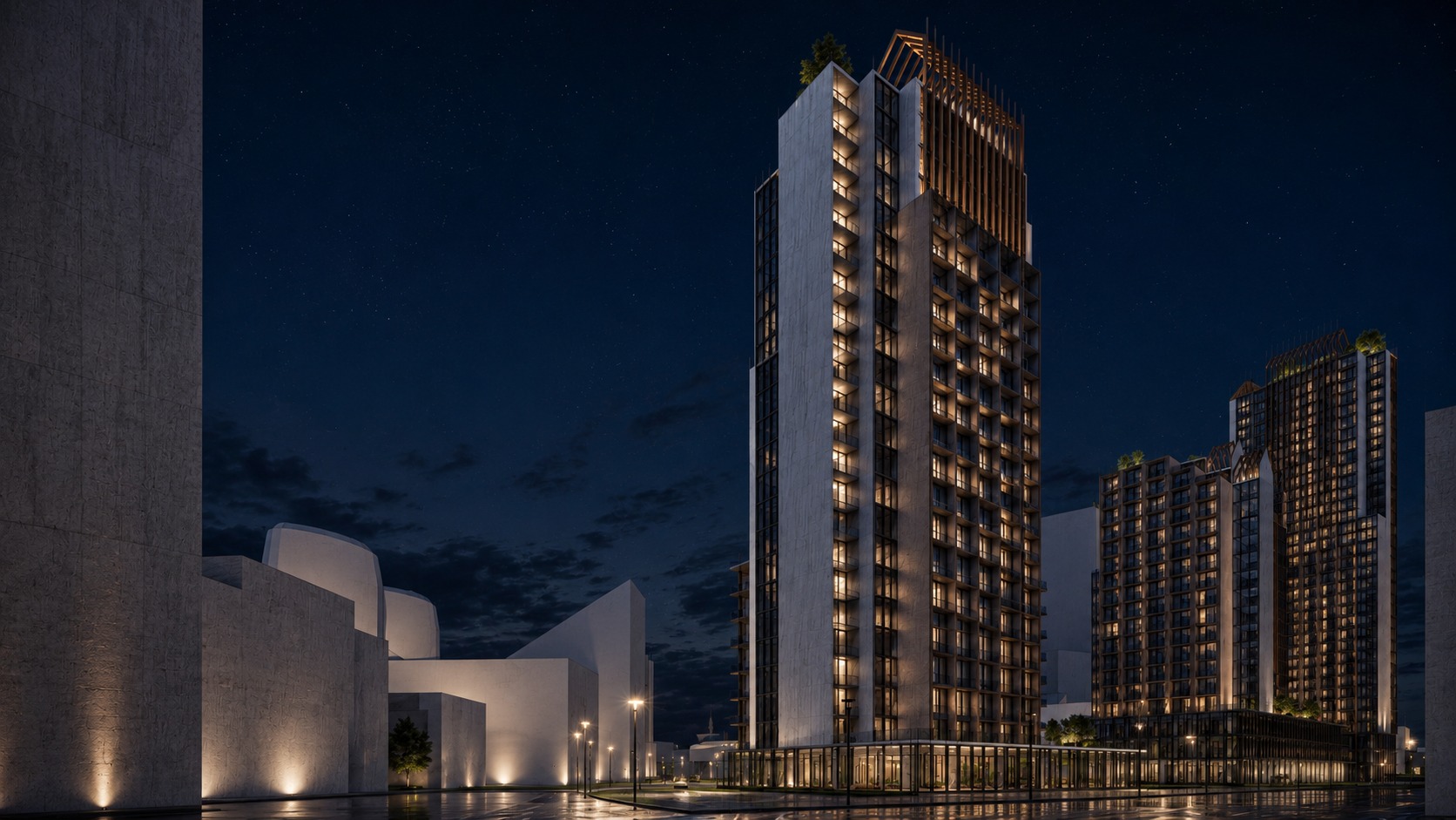Night — the tallest tower lit against the sky