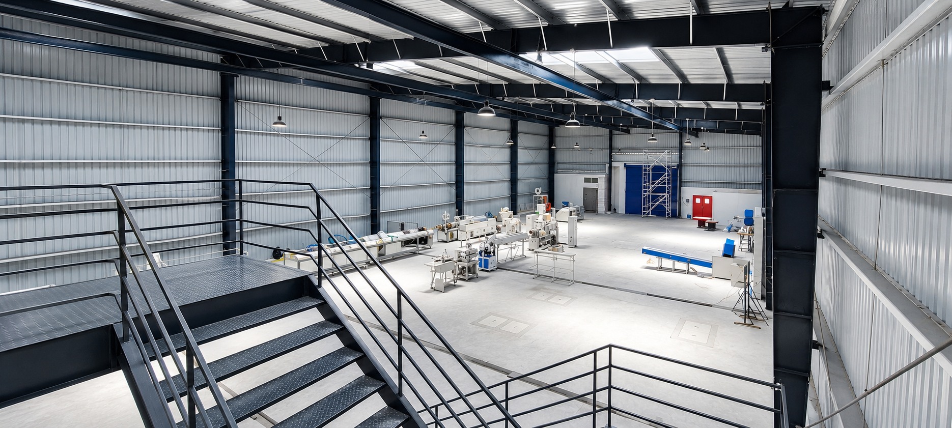 Manufacturing floor — production line beneath exposed steel trusses