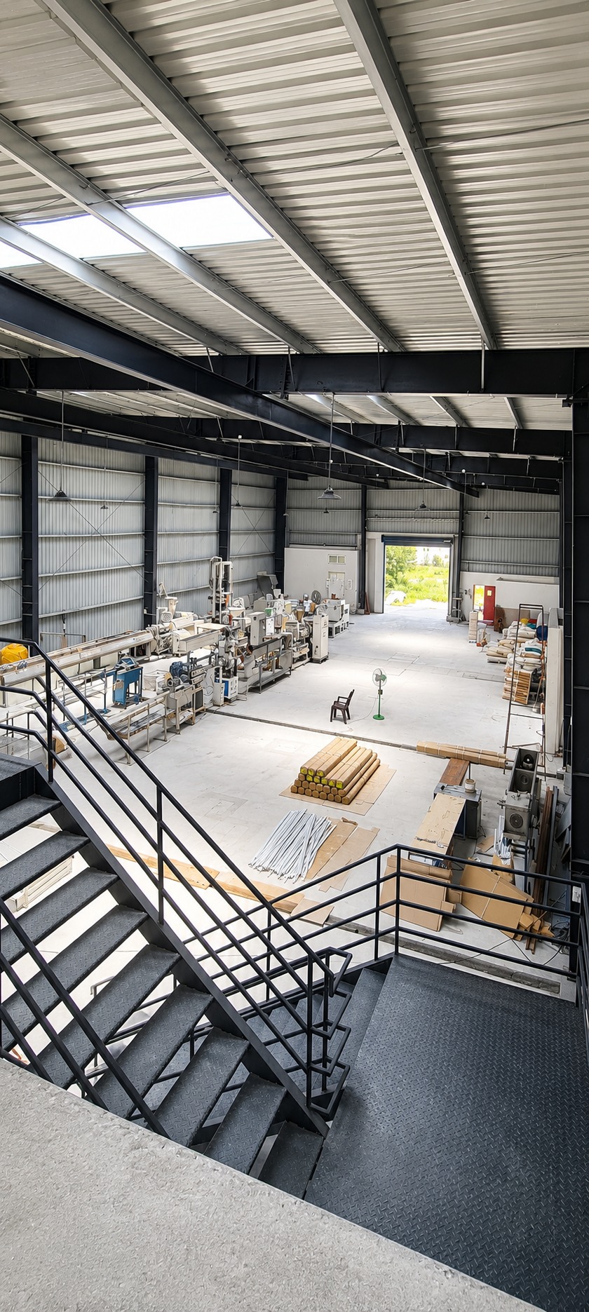 Production floor — materials staged near the loading bay