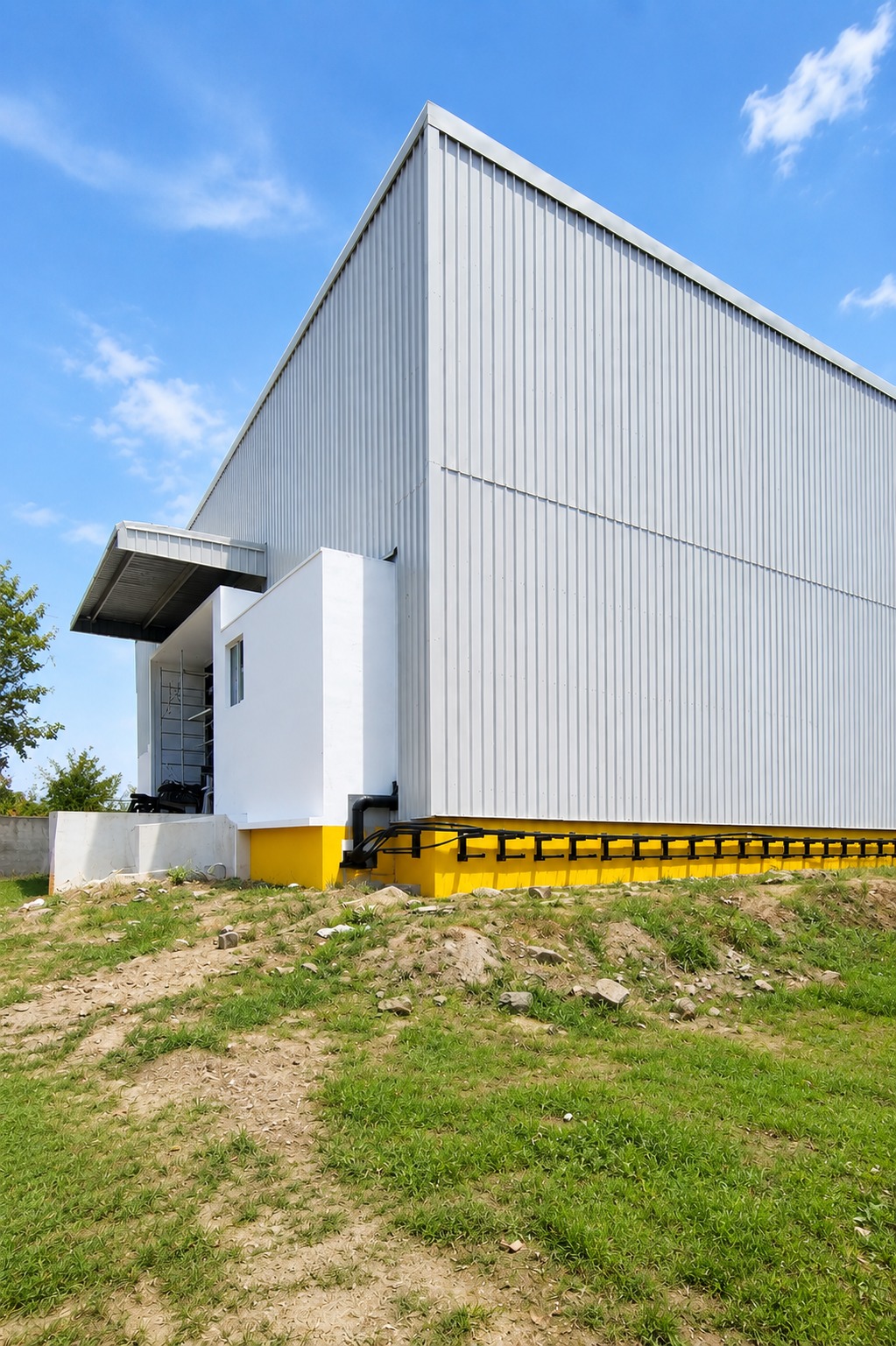 Exterior — insulated metal cladding on the main production building