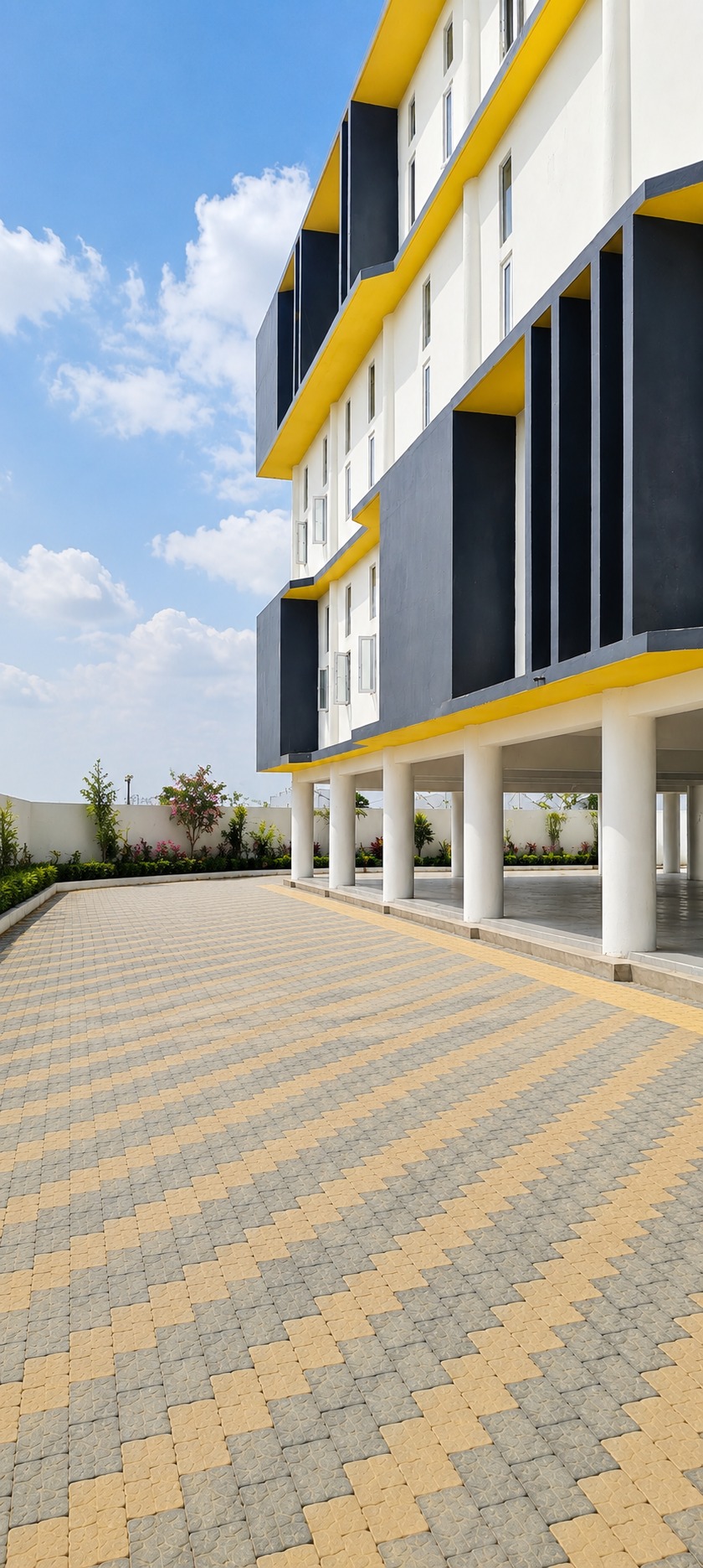 Stilt floor — the parking level's paved forecourt