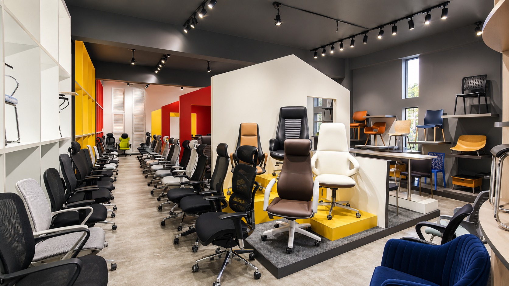 Showroom — premium seating display beneath a house-shaped volume