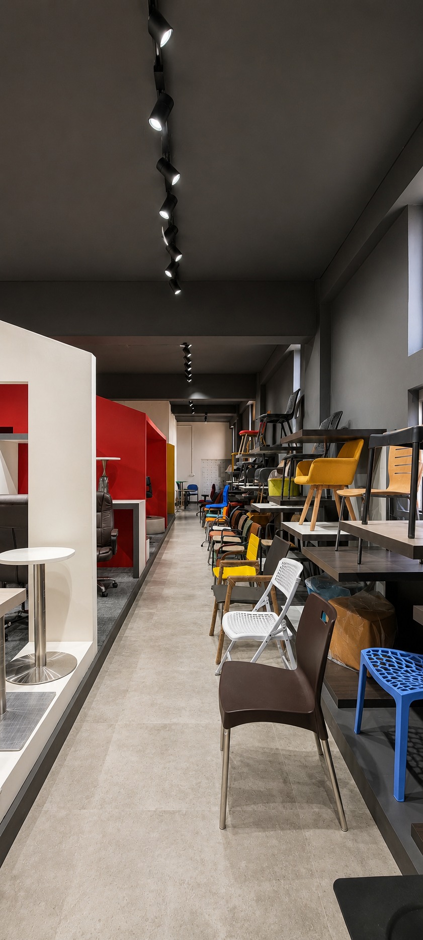 Showroom aisle — rows of chairs on shelving